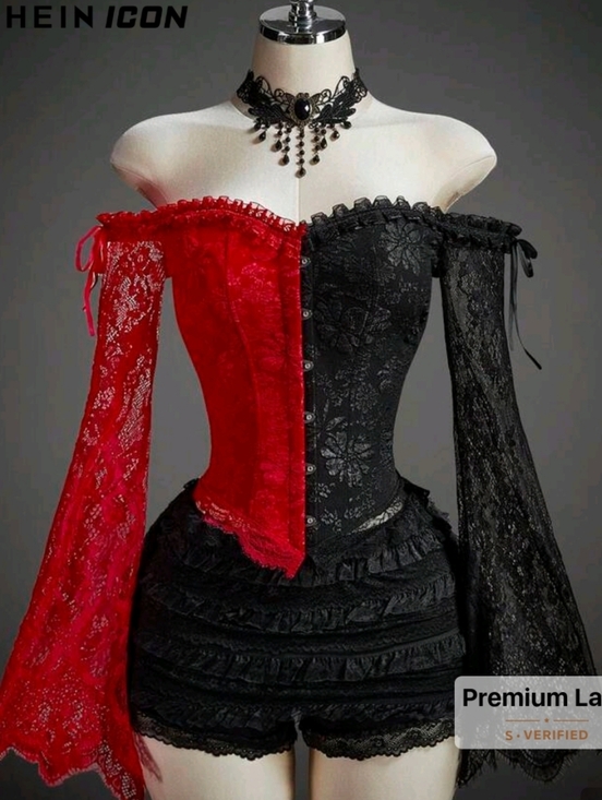 SHEIN Tops - SHEIN ICON Red and Black Lace Gothic Corset Top